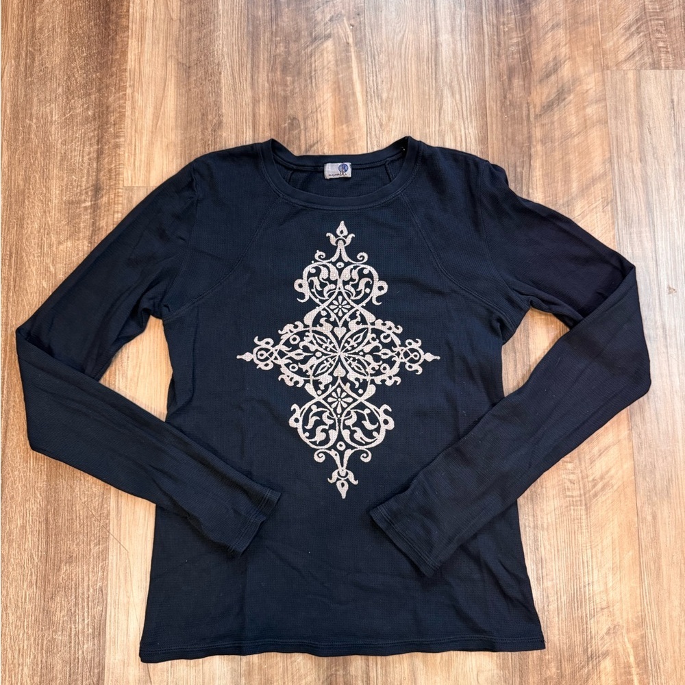 One World Vintage Y2K Long Sleeve Top with Graphic Design and Rhinestones,Size L